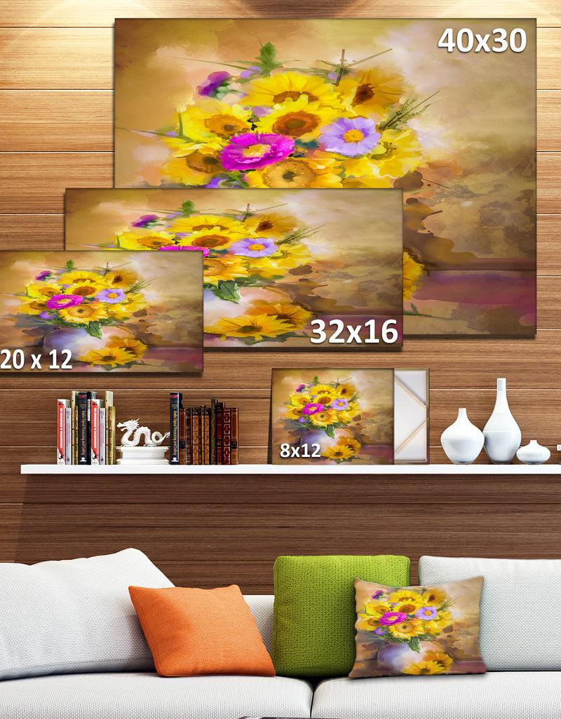 DesignQ Yellow Sunflower And Violet Aster Flowers - Extra Large Floral Wall Art
