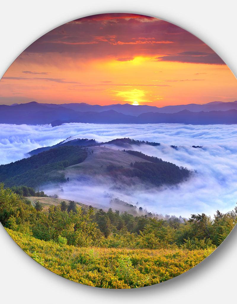 DesignQ Yellow Sunrise Over Blue Waters - Landscape Photo Round Metal Wall Art