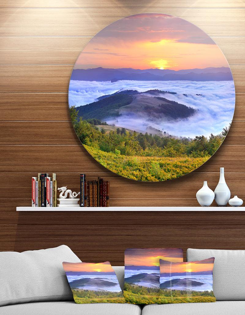 DesignQ Yellow Sunrise over Blue Waters - Landscape Photo Round Metal Wall Art