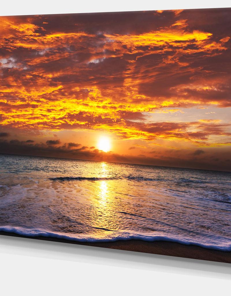 DesignQ Yellow Sunset Above Foaming Waves - Modern Beach Canvas Art Print