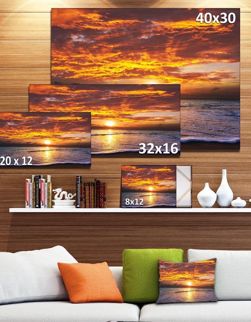 DesignQ Yellow Sunset Above Foaming Waves - Modern Beach Canvas Art Print