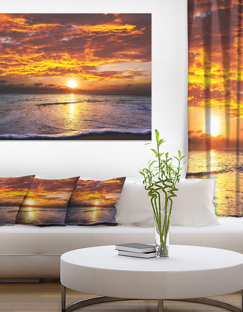 DesignQ Yellow Sunset Above Foaming Waves - Modern Beach Canvas Art Print