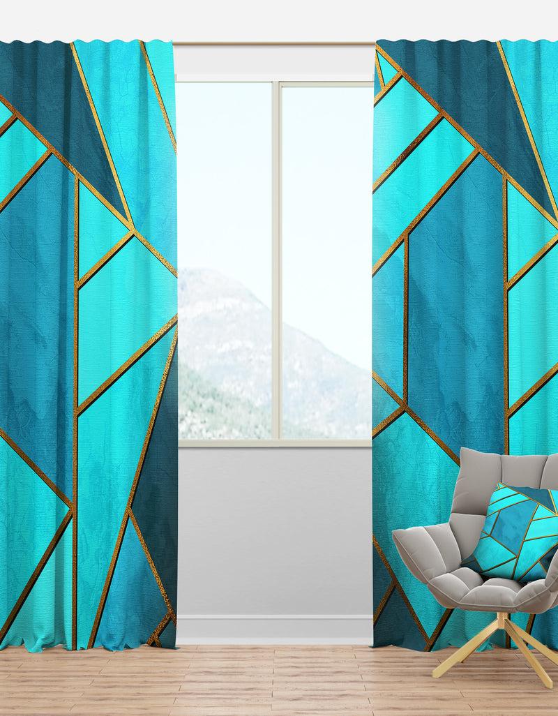 DesignQ Yellow Triangular Geometry overShades of Cyan - Modern & Contemporary Curtain Panels