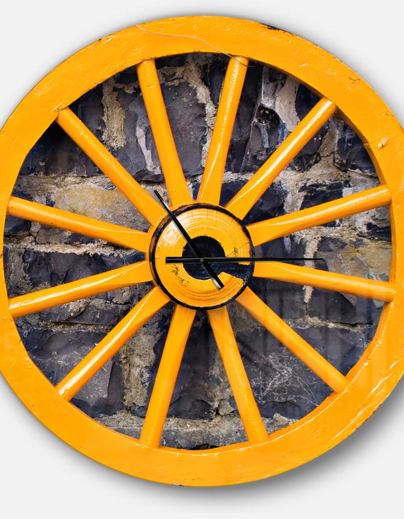DesignQ Yellow Wooden Wagon Wheel Country - Oversized Farmhouse Wall CLock