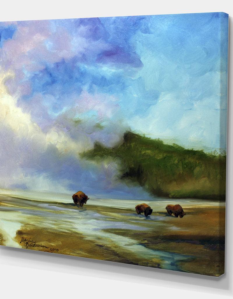 DesignQ Yellowstone Buffalo Landscape - Lake House Gallery-wrapped Canvas