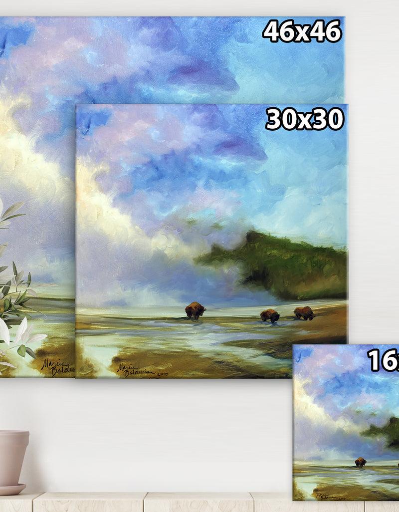 DesignQ Yellowstone Buffalo Landscape - Lake House Gallery-wrapped Canvas