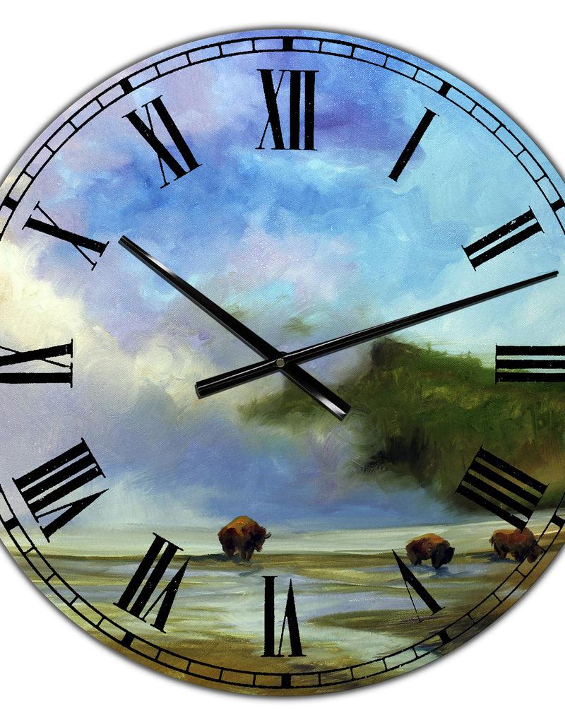 DesignQ Yellowstone Buffalo Landscape - Large Lake House Wall Clock