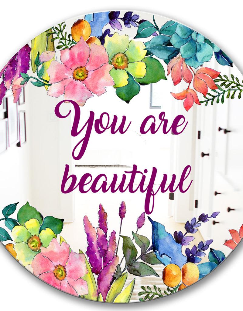 DesignQ You Are Beautiful Flower Wreath - Cabin And Lodge Mirror - Circle Wall Mirror