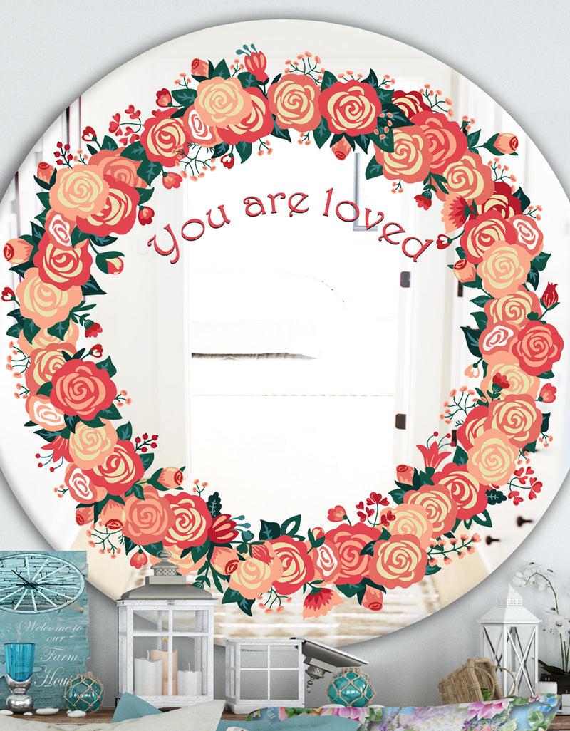 DesignQ You Are Loved. Pink Flower Heart - Cabin and Lodge Mirror - Round Wall Mirror