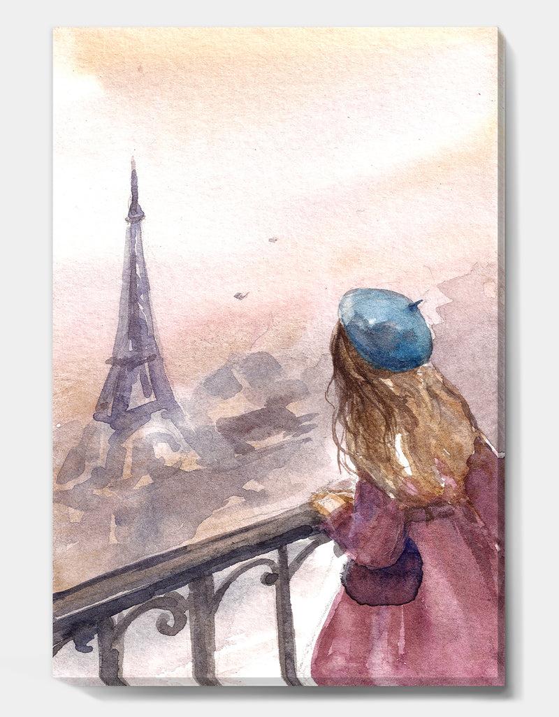 DesignQ Young Paris Girl Watching Eiffel Tower - Traditional Canvas Wall Art